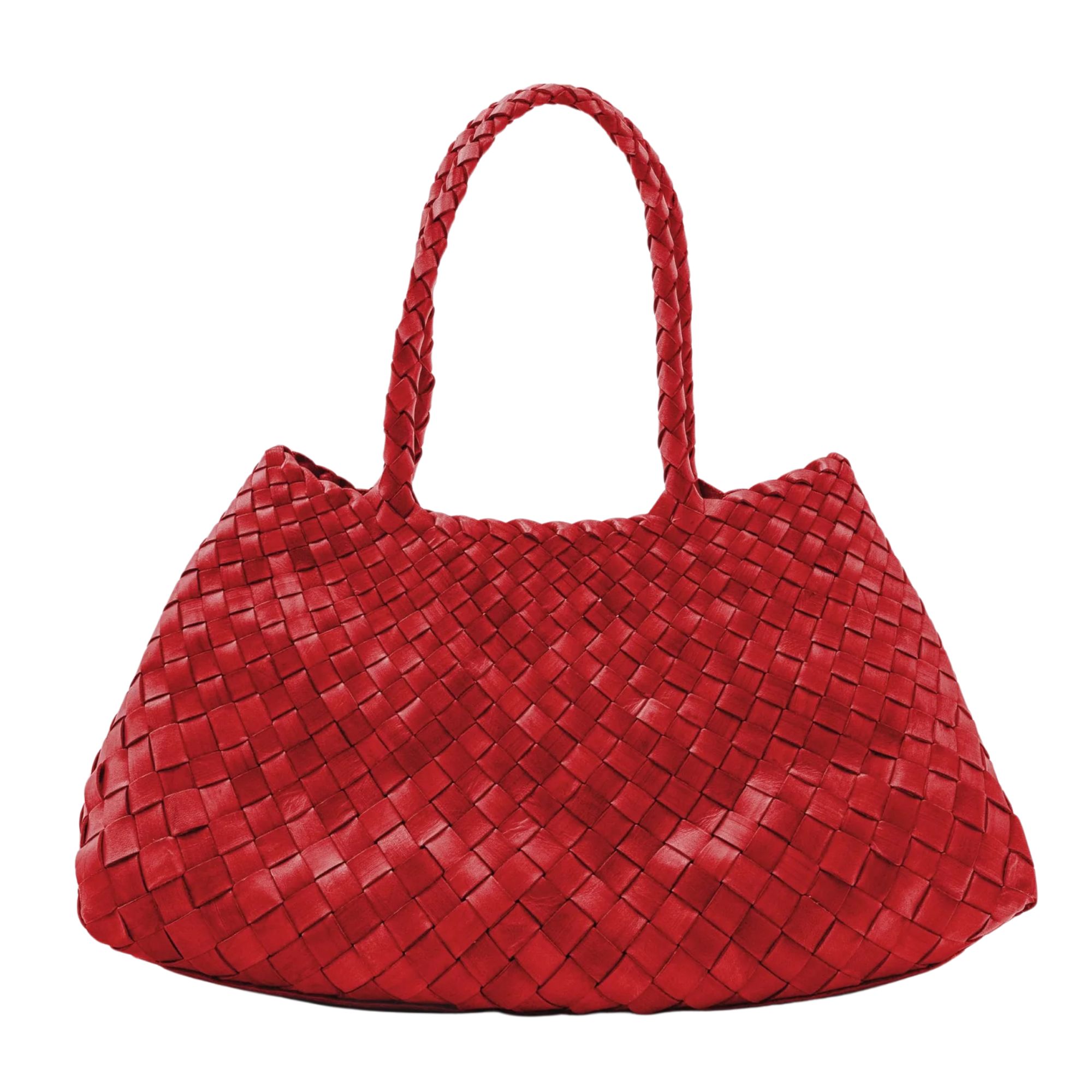 Santa Croce-Big-Red-Woven-Leather-Bag-handwoven-buffalo-calfskin-in-bold-red-with-open-top-and-twin-shoulder-handles-fully-woven-base